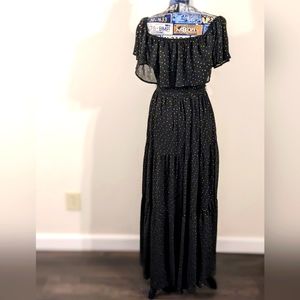 Love Colette Women's Off Shoulder Black & Gold Tiered Sheer Belted Maxi …